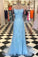 Elegant Spaghetti Straps Sky Blue Mermaid Backless Scoop Pageant Prom Dresses
