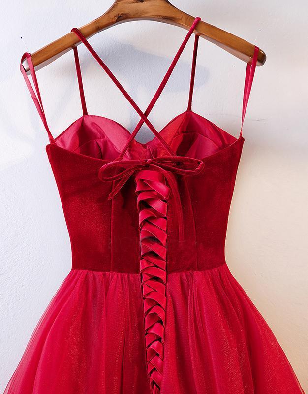 Elegant Spaghetti Straps Tulle Lace up Red Sweetheart Prom Dresses Tulle Formal Dresses