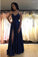Elegant Spaghetti Straps V Neck Royal Blue Side Slit Prom Dresses Long Evening Dresses