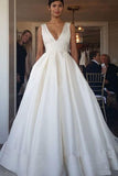 Elegant Straps V Neck Ball Gown Ivory Satin Backless Wedding Dresses with Pockets