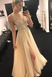 Elegant Tulle Beads Straps Prom Dresses with Split Long Cheap Evening Dresses