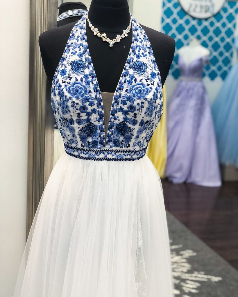 Elegant V Neck Halter White and Blue Embroidery Long Prom Dress with Slit Formal Dress