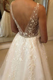 Elegant V Neck Ivory Lace Appliques Wedding Dresses with Tulle Beach Wedding Gowns W1021