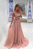 Embroidery Appliques Long A line Pink Prom Dresses Tulle Cheap Formal Dresses