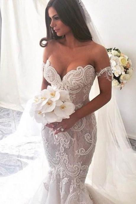 Ivory Lace Mermaid Off the Shoulder Sweetheart Appliques Wedding Dresses