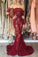 Mermaid Long Sleeves Dark Red Off the Shoulder Lace Prom Dresses with Train