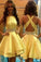 Elegant Jewel Above-knee Criss-Cross Straps Satin Yellow Homecoming Dresses with Beads
