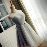 Elegant A-Line Strapless Purple Tulle Short Homecoming Dress with Bowknot