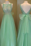 Elegant Scoop Beading A-line Tulle Green Floor-Length Bowknot Sequins Prom Dresses