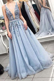 Delicate Sleeveless V Neck Backless Light Blue with Lace Appliques Long Prom Dresses