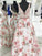 Floral Print A line V Neck Lace Appliques Prom Dresses V Back Straps Formal Dresses