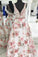 Floral Print A line V Neck Lace Appliques Prom Dresses V Back Straps Formal Dresses