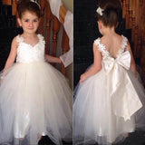 Ivory Sweetheart Lace Top Cute Tulle V Back Bowknot Flower Girl Dresses