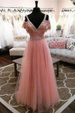 High Fashion A-Line V-Neck Off Shoulder Blush Pink Long Tulle Prom Dresses with Beads