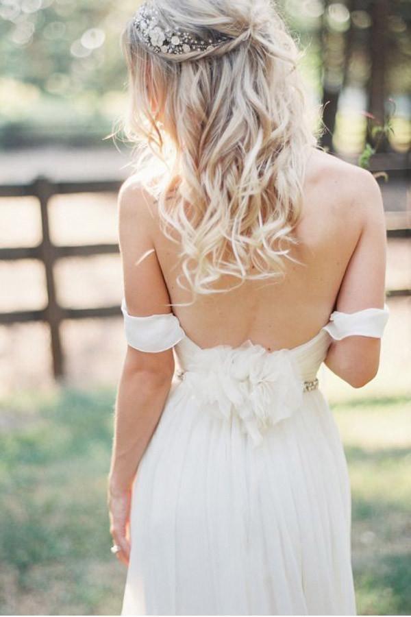 Elegant Off-shoulder Sweetheart Beading Sash Long Chiffon Wedding Dresses