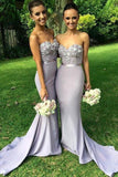 Elegant Long Mermaid Light Grey Sweetheart Appliques Beaded Sleeveless Bridesmaid Dress