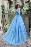 Elegant Ball Gown Off the Shoulder Blue Long Lace up Sweetheart Tulle Prom Dresses