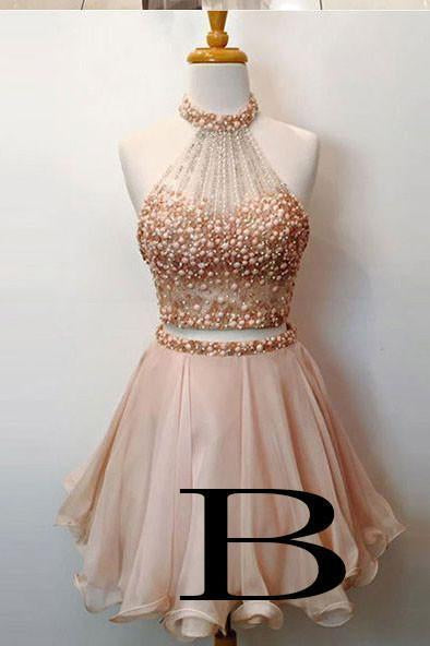 Cute Round Neck Pink Tulle Short Prom/Homecoming Dress with Beading