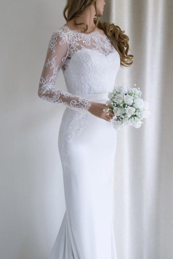 Elegant Lace Long Sleeves Mermaid Backless White Long Wedding Dress with Train