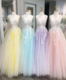 Gorgeous 3D Floral Appliques Tulle V Neck Lavender Prom Dresses Evening Dresses