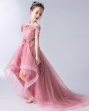 Gorgeous Pink Off the Shoulder With Lace Appliques High Low Tulle Flower Girl Dresses