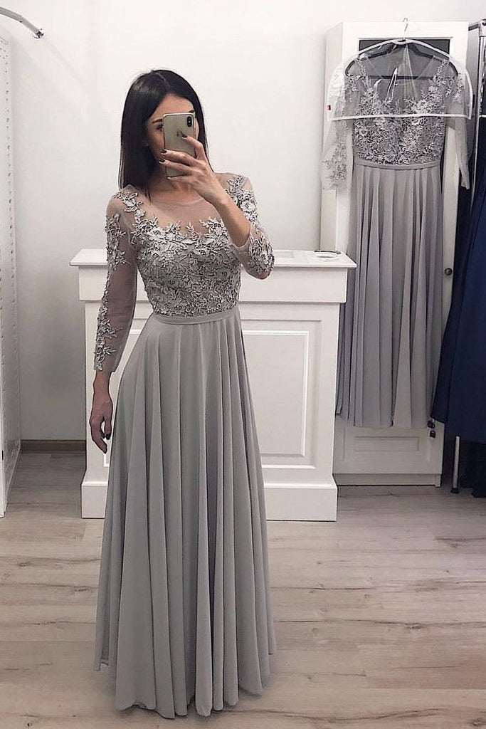 Gray Long Sleeve Chiffon Long Prom Dresses Lace Appliques Bridesmaid Dresses