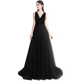 2024 New A-Line V-Neck Grey Tulle Beaded Long Sleeveless Backless Prom Dresses with Split