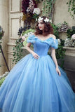 Elegant Ball Gown Off the Shoulder Blue Long Lace up Sweetheart Tulle Prom Dresses