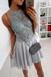 Cute Grey Chiffon Halter Lace Spaghetti Straps Short Criss-Cross Homecoming Dresses