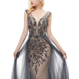 Elegant Mermaid V-Neck Sweep Train Grey Tulle Detachable Prom Dress with Beading