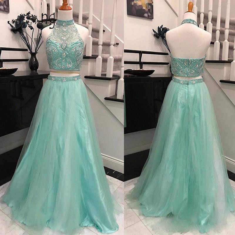 Elegant Halter Two Pieces Sky Blue Backless Tulle Prom Dresses with Beading