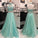 Elegant Halter Two Pieces Sky Blue Backless Tulle Prom Dresses with Beading