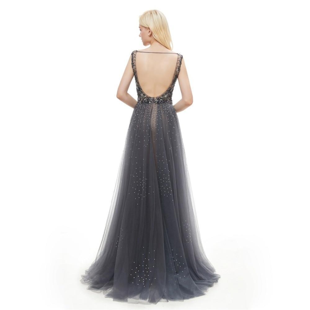 Elegant Mermaid V-Neck Sweep Train Grey Tulle Detachable Prom Dress with Beading
