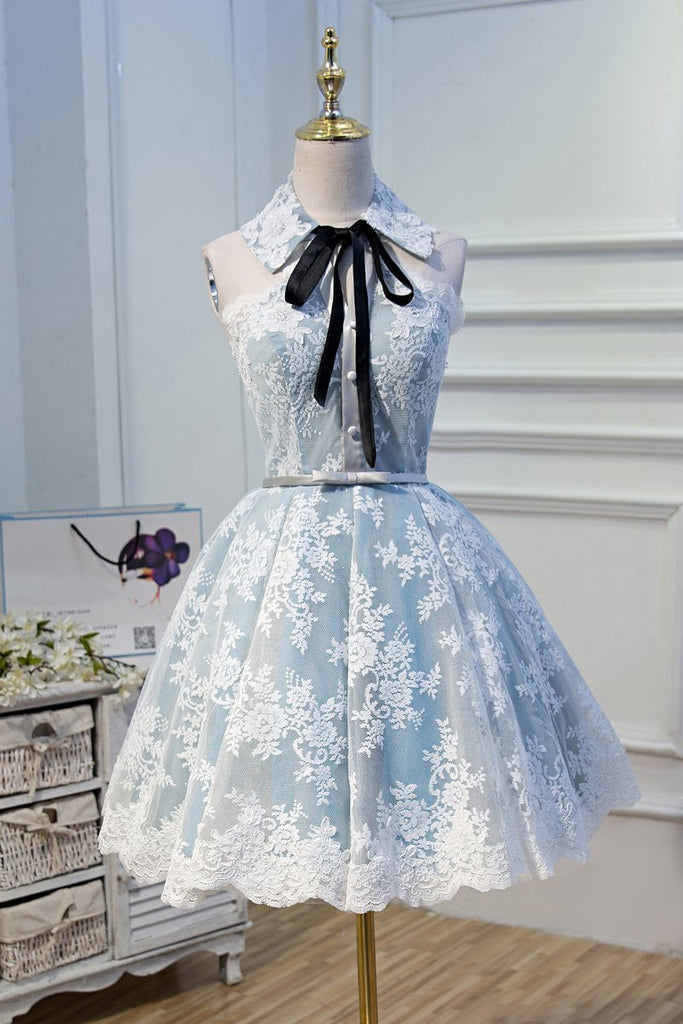 Halter Light Sky Blue Lace Appliques Homecoming Dresses with Lace up Cocktail Dresses