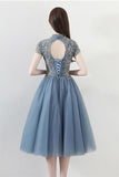 High Neck Blue Lace Appliques Knee Length Homecoming Dresses with Short Sleeve