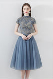 High Neck Blue Lace Appliques Knee Length Homecoming Dresses with Short Sleeve