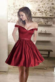 Cute Simple Off-shoulder Short Satin Mini Burgundy A-line Homecoming Dress