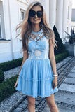 Jewel Short Blue Chiffon Homecoming Party Dress with Lace Straps Appliques Prom Dress