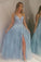 Light Blue Lace Appliques Prom Dresses with Slit Beads V Neck Evening Dresses