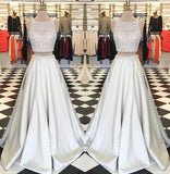Stunning White Satin Two Pieces Sequins Rhinestone Round Neck A-line Prom Dresses