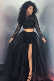 Long Sleeve Black Two Pieces Prom Dresses with Lace Tulle Evening Dresses with Tulle