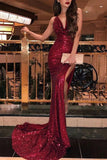 Mermaid Burgundy Side Slit V Neck Spaghetti Straps Prom Dresses Formal Dresses