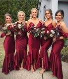 Mermaid Burgundy Spaghetti Straps V Neck Bridesmaid Dresses Bridesmaid Gowns