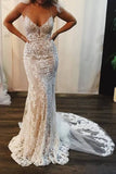 Mermaid Lace Appliques Spaghetti Straps V Neck Ivory Wedding Dresses Bridal Dresses