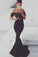 Mermaid Off the Shoulder Satin Black Short Sleeve Sweep Train Lace Prom Dresses