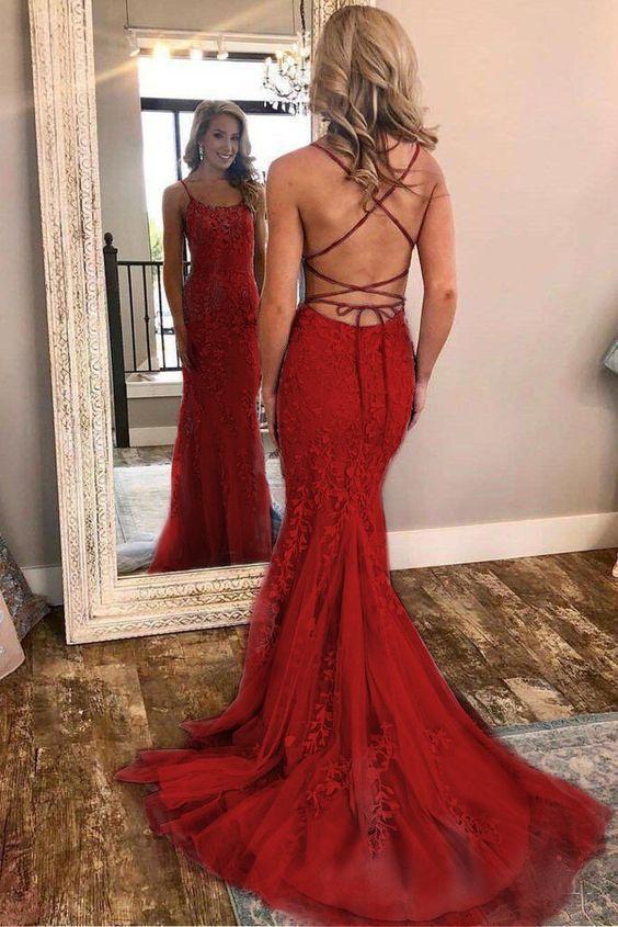 Mermaid Red Lace Spaghetti Straps Scoop Prom Dresses Long Cheap Evening Dresses