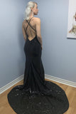 Mermaid Spaghetti Straps Backless Black Sequined Prom Dresses V Neck Formal Dress