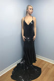 Mermaid Spaghetti Straps Backless Black Sequined Prom Dresses V Neck Formal Dress