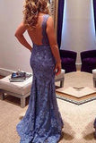 2024 New Style Custom Mermaid V-Neck Sleeveless Open Back Blue Lace Evening Dresses