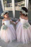 Cute Off the Shoulder Long Sleeve Pink Lace Appliques Tulle Flower Girl Dresses